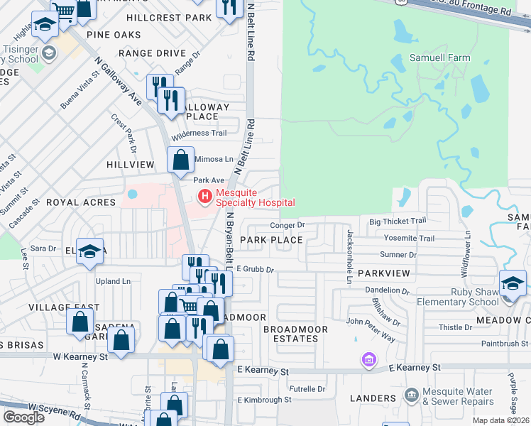 map of restaurants, bars, coffee shops, grocery stores, and more near 242 Alexandria Street in Mesquite