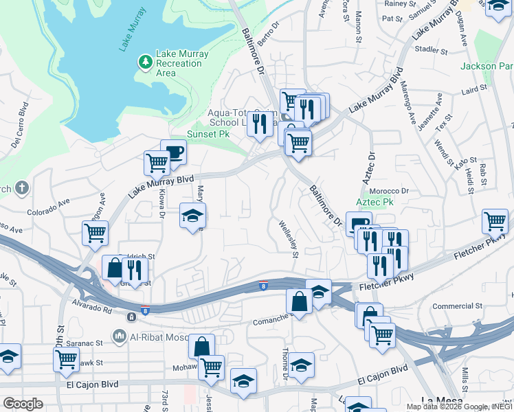 map of restaurants, bars, coffee shops, grocery stores, and more near 5525 Shasta Lane in La Mesa