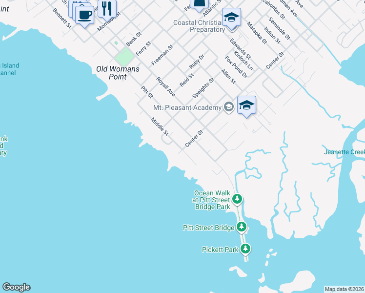 map of restaurants, bars, coffee shops, grocery stores, and more near 206 Center Street in Mount Pleasant
