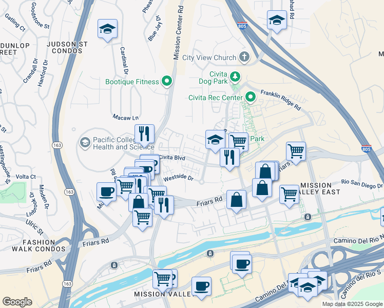 map of restaurants, bars, coffee shops, grocery stores, and more near 7839 Inception Way in San Diego