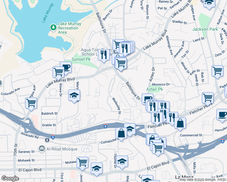 map of restaurants, bars, coffee shops, grocery stores, and more near 5419 Wellesley Street West in La Mesa