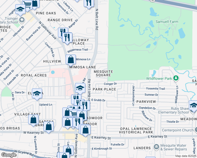 map of restaurants, bars, coffee shops, grocery stores, and more near 216 Alexandria Street in Mesquite