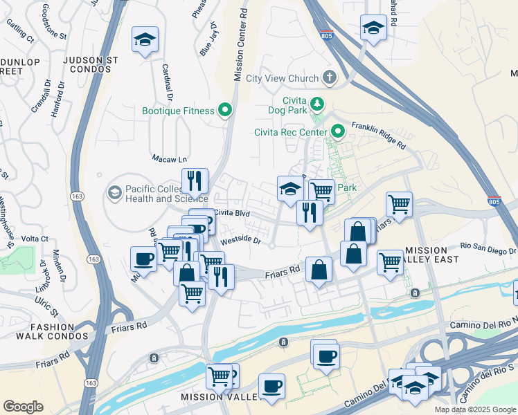 map of restaurants, bars, coffee shops, grocery stores, and more near 7839 Inception Way in San Diego