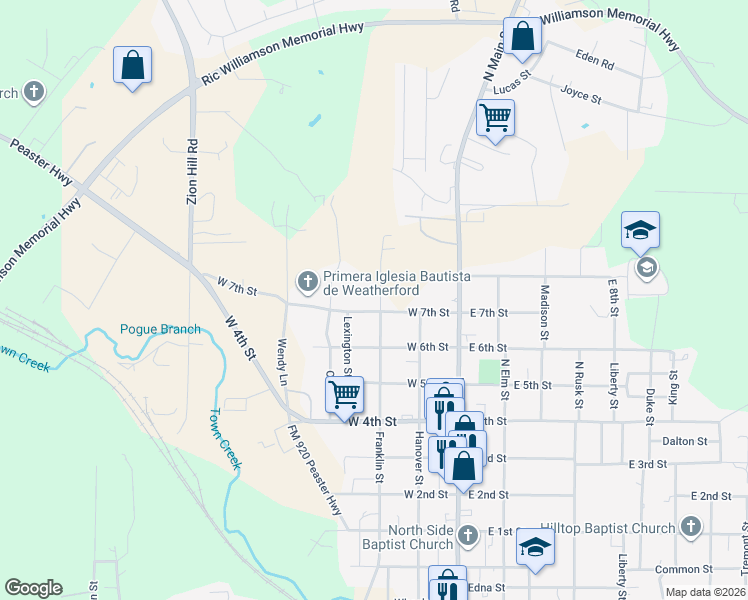 map of restaurants, bars, coffee shops, grocery stores, and more near 314 West 7th Street in Weatherford