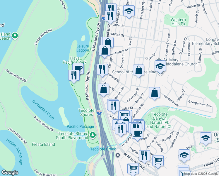 map of restaurants, bars, coffee shops, grocery stores, and more near 4245 Asher Street in San Diego
