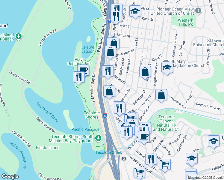 map of restaurants, bars, coffee shops, grocery stores, and more near 4245 Asher Street in San Diego