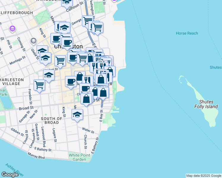 map of restaurants, bars, coffee shops, grocery stores, and more near 17 Vendue Range in Charleston