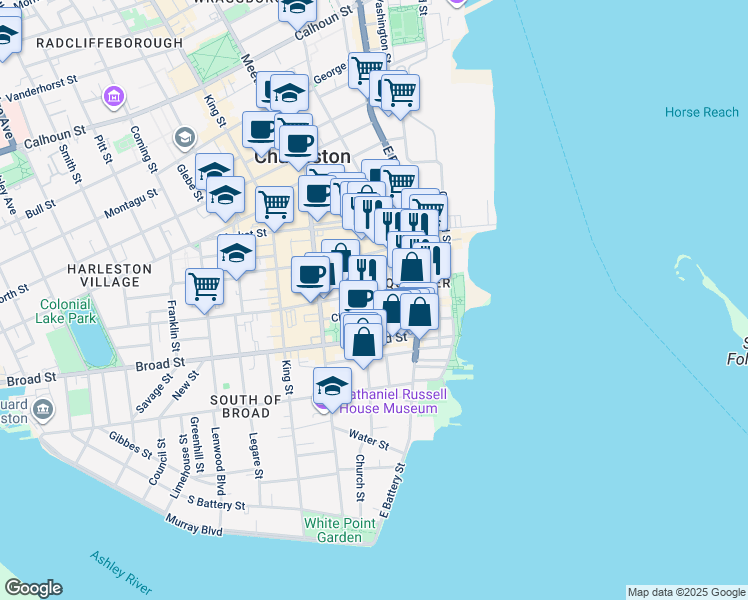 map of restaurants, bars, coffee shops, grocery stores, and more near in Charleston