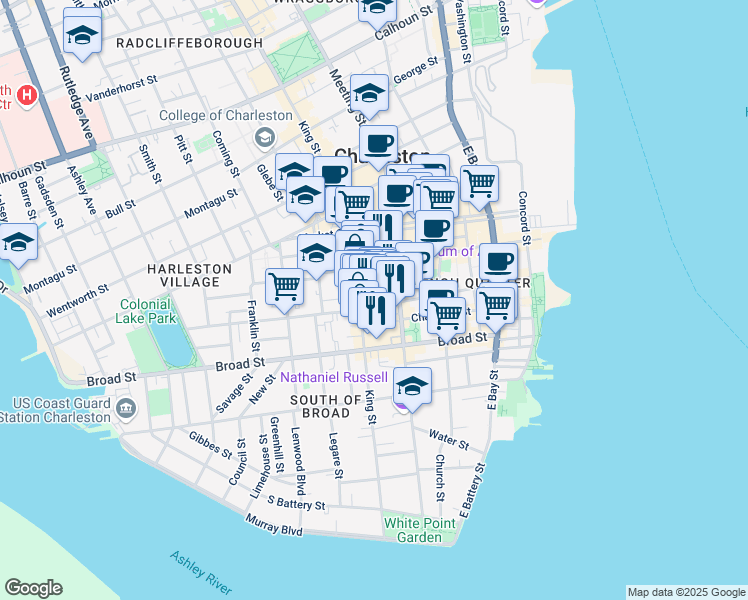 map of restaurants, bars, coffee shops, grocery stores, and more near 74 Queen Street in Charleston