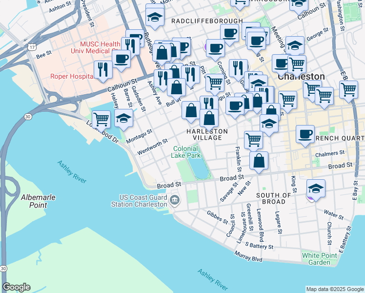 map of restaurants, bars, coffee shops, grocery stores, and more near 114 Beaufain Street in Charleston