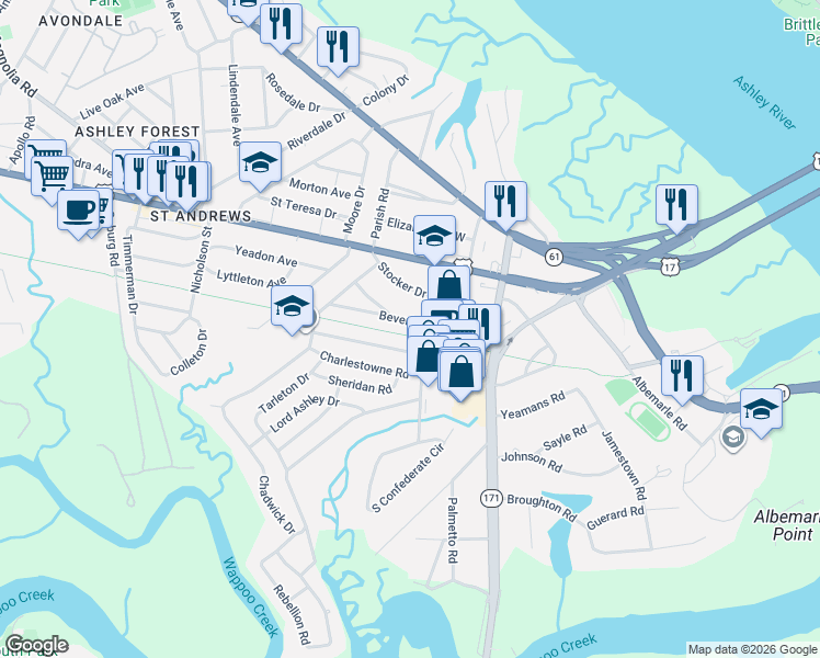 map of restaurants, bars, coffee shops, grocery stores, and more near 29 Beverly Road in Charleston