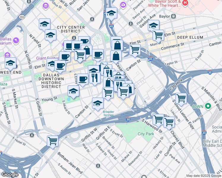 map of restaurants, bars, coffee shops, grocery stores, and more near 617 South Harwood Street in Dallas