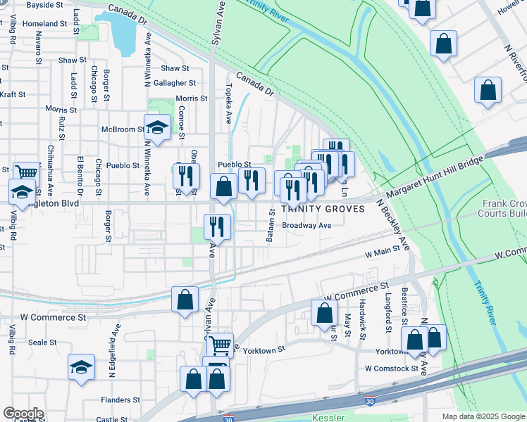 map of restaurants, bars, coffee shops, grocery stores, and more near 2901 Bataan Street in Dallas
