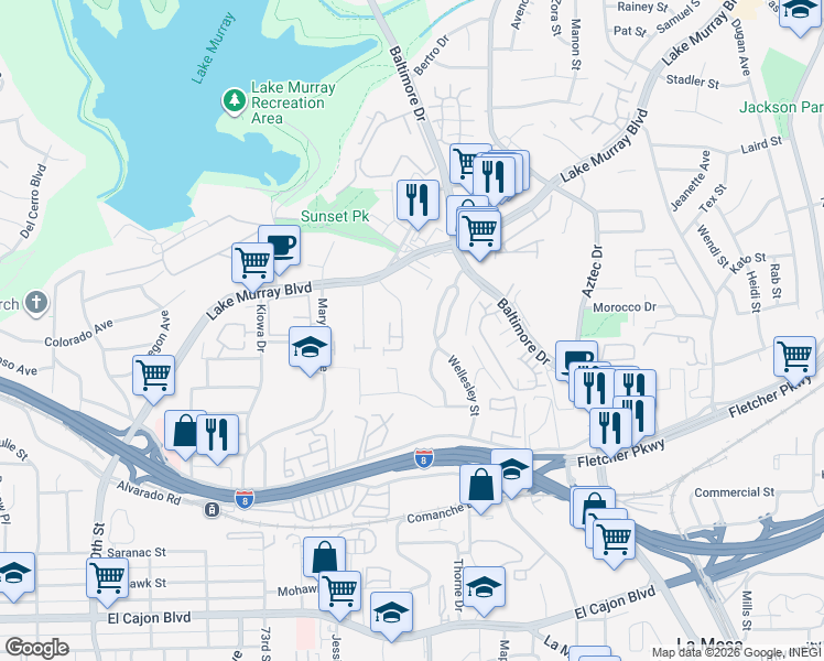 map of restaurants, bars, coffee shops, grocery stores, and more near 5525 Shasta Lane in La Mesa