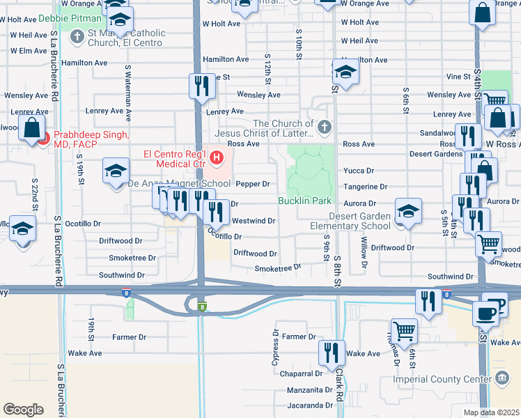 map of restaurants, bars, coffee shops, grocery stores, and more near 1235 Aurora Drive in El Centro