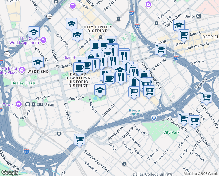 map of restaurants, bars, coffee shops, grocery stores, and more near 1716 Young Street in Dallas