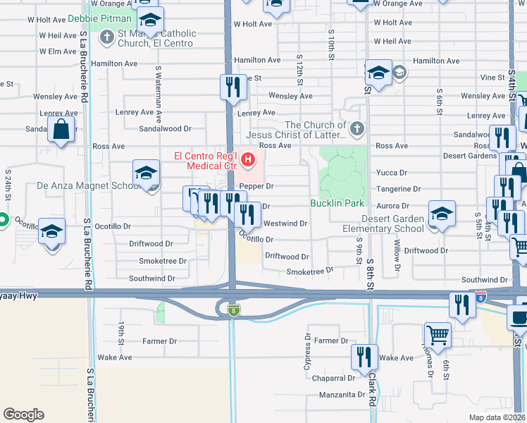 map of restaurants, bars, coffee shops, grocery stores, and more near 1295 Aurora Dr in El Centro