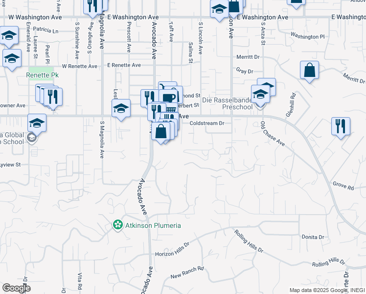 map of restaurants, bars, coffee shops, grocery stores, and more near 1283 Burnaby Street in El Cajon