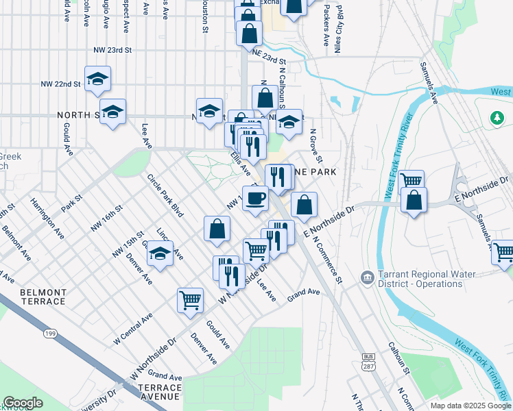 map of restaurants, bars, coffee shops, grocery stores, and more near 1410 North Houston Street in Fort Worth