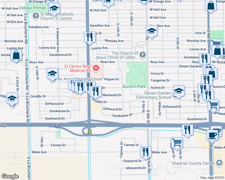 map of restaurants, bars, coffee shops, grocery stores, and more near 1245 Aurora Drive in El Centro
