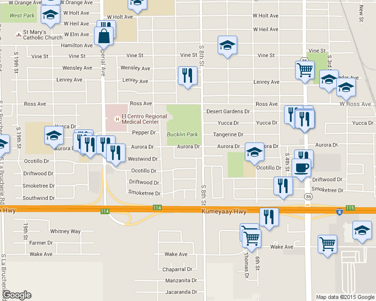 map of restaurants, bars, coffee shops, grocery stores, and more near 935 Aurora Drive in El Centro