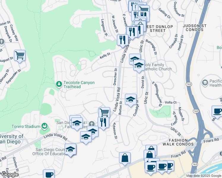 map of restaurants, bars, coffee shops, grocery stores, and more near 6747 Goodwin Street in San Diego