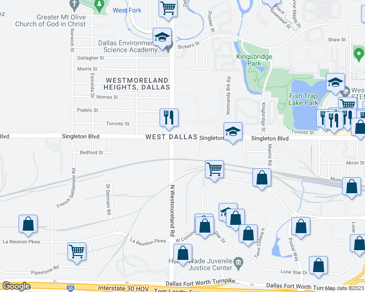 map of restaurants, bars, coffee shops, grocery stores, and more near 2920 North Westmoreland Road in Dallas