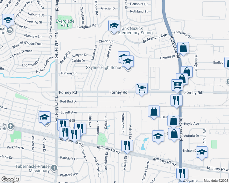 map of restaurants, bars, coffee shops, grocery stores, and more near 7573 Forney Road in Dallas