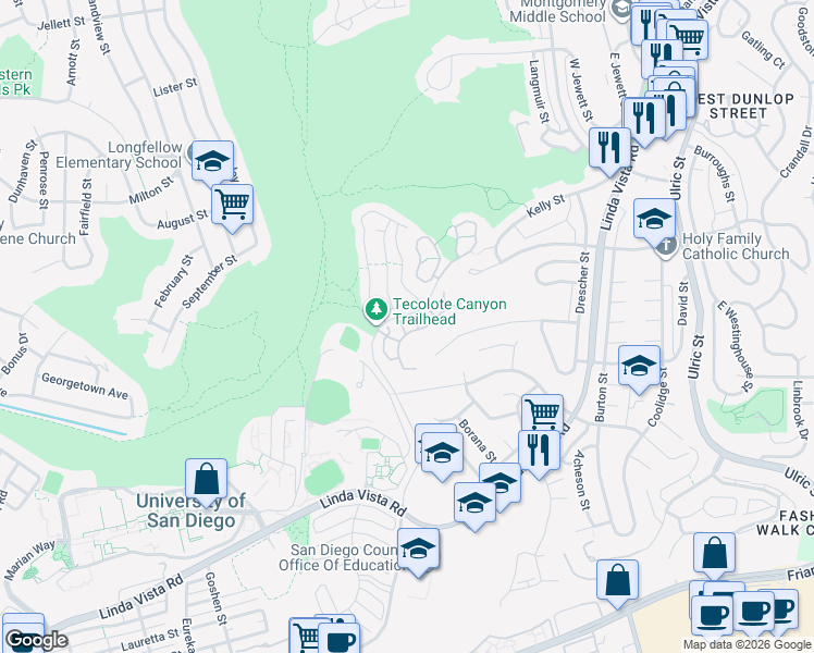 map of restaurants, bars, coffee shops, grocery stores, and more near 6306 Caminito Del Cervato in San Diego
