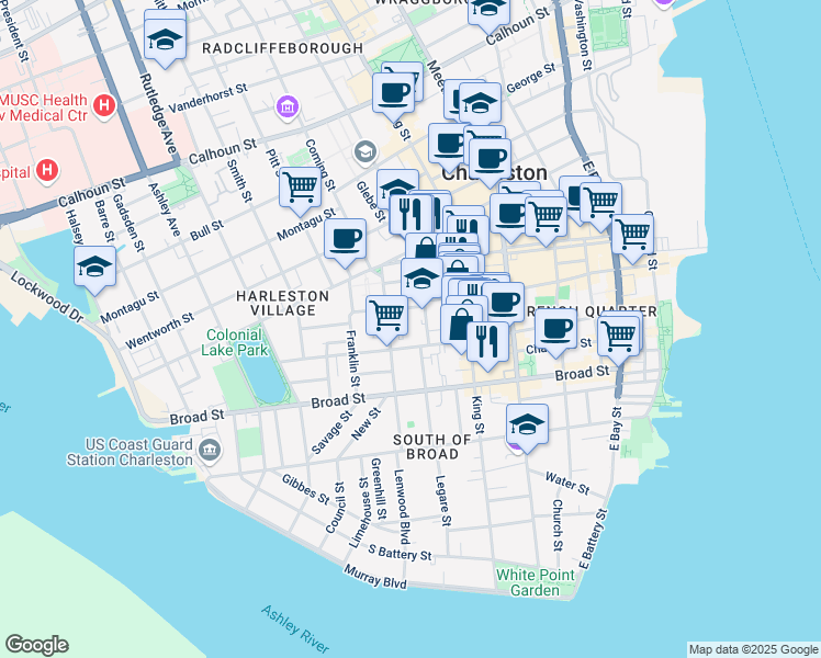 map of restaurants, bars, coffee shops, grocery stores, and more near 15 Archdale Street in Charleston