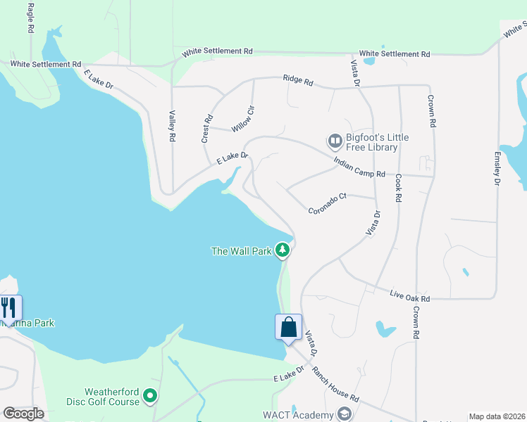 map of restaurants, bars, coffee shops, grocery stores, and more near 1025 East Lake Drive in Weatherford