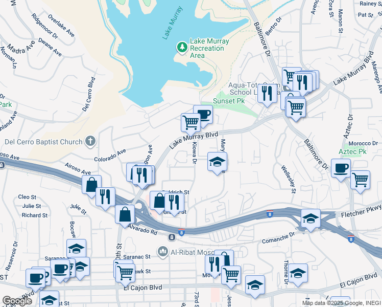 map of restaurants, bars, coffee shops, grocery stores, and more near 5450 Kiowa Drive in La Mesa
