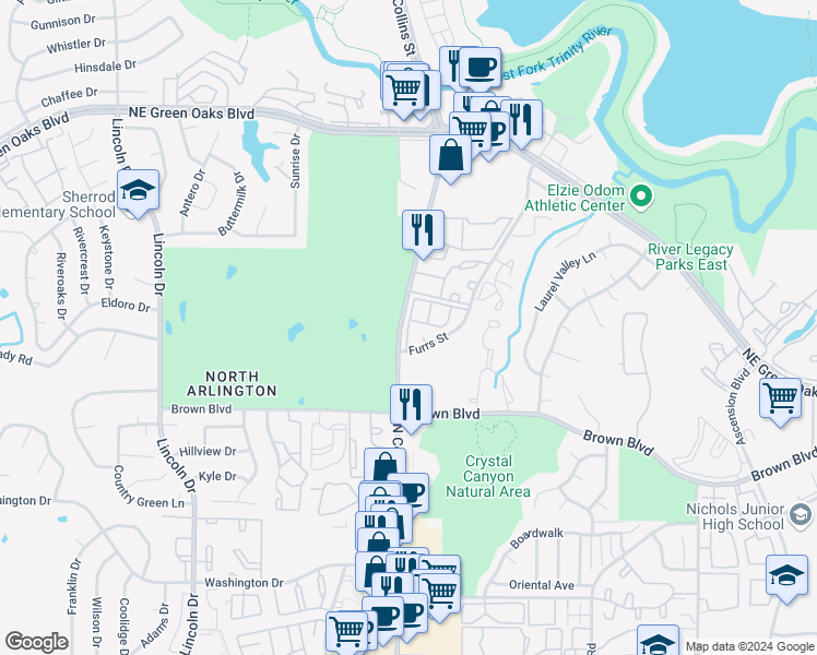 map of restaurants, bars, coffee shops, grocery stores, and more near 2603 Easom Cir in Arlington