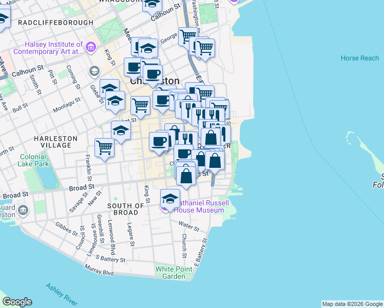 map of restaurants, bars, coffee shops, grocery stores, and more near 23 Queen Street in Charleston