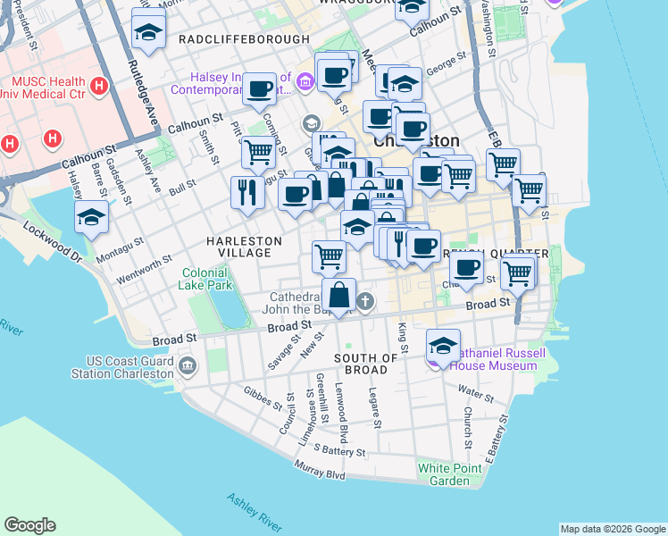 map of restaurants, bars, coffee shops, grocery stores, and more near 84 Logan Street in Charleston