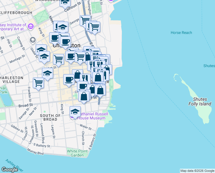 map of restaurants, bars, coffee shops, grocery stores, and more near 34 Prioleau Street in Charleston