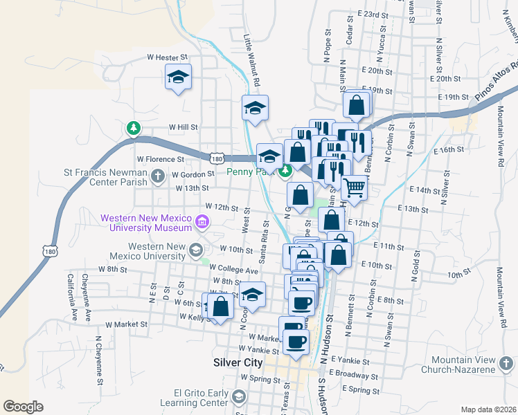 map of restaurants, bars, coffee shops, grocery stores, and more near 354 West 12th Street in Silver City