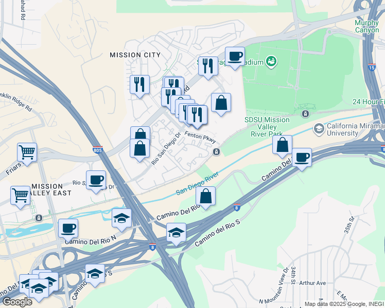 map of restaurants, bars, coffee shops, grocery stores, and more near 2882 Fenton Parkway in San Diego