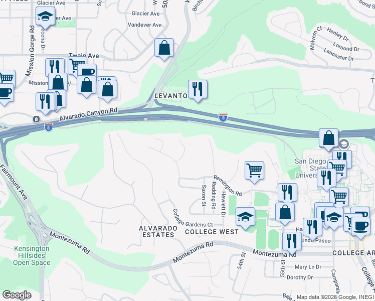 map of restaurants, bars, coffee shops, grocery stores, and more near 5143 Bixel Drive in San Diego