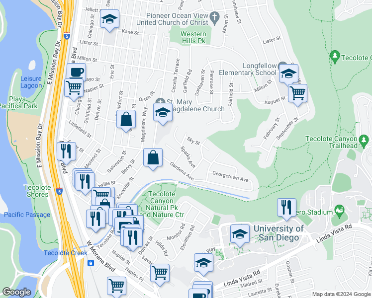map of restaurants, bars, coffee shops, grocery stores, and more near 4910 Sparks Avenue in San Diego
