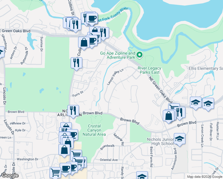 map of restaurants, bars, coffee shops, grocery stores, and more near 1200 Twin Oaks Court in Arlington