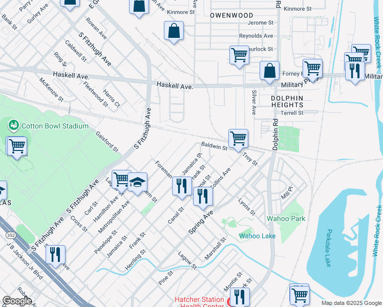 map of restaurants, bars, coffee shops, grocery stores, and more near 4606 Baldwin Street in Dallas