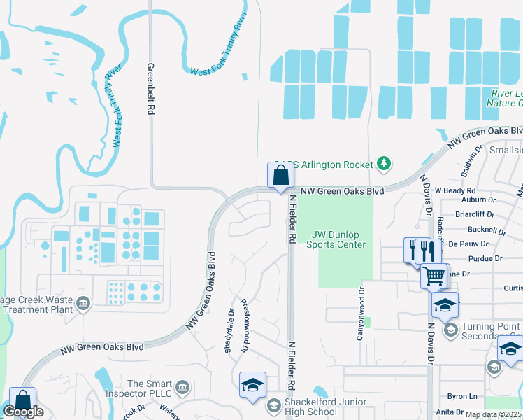 map of restaurants, bars, coffee shops, grocery stores, and more near 1803 Las Luna Lane in Arlington