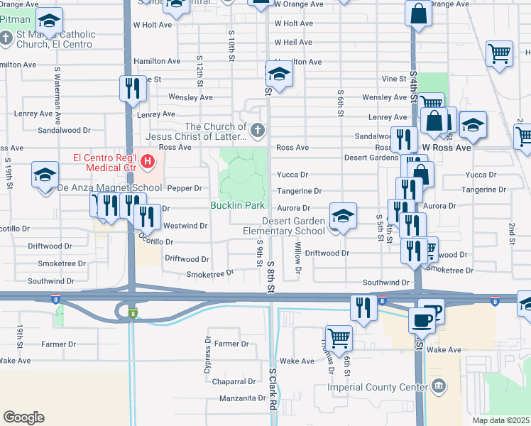 map of restaurants, bars, coffee shops, grocery stores, and more near 805 Aurora Drive in El Centro