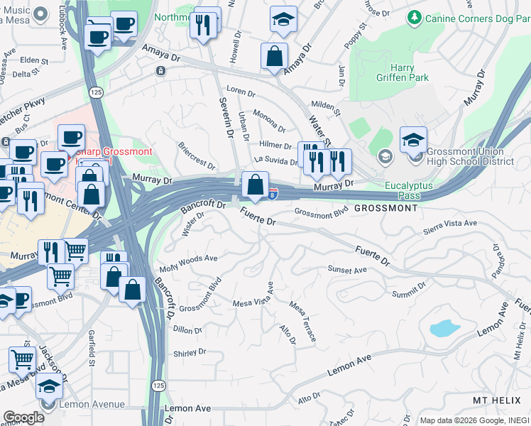 map of restaurants, bars, coffee shops, grocery stores, and more near 9402 Grossmont Boulevard in La Mesa