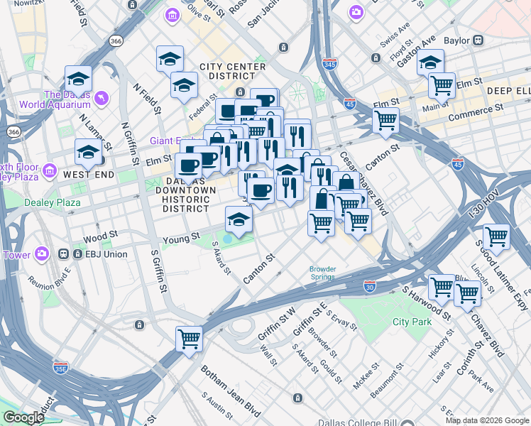 map of restaurants, bars, coffee shops, grocery stores, and more near 1716 Young Street in Dallas