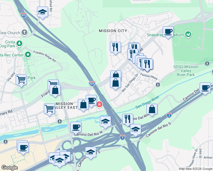 map of restaurants, bars, coffee shops, grocery stores, and more near 2220 River Run Drive in San Diego