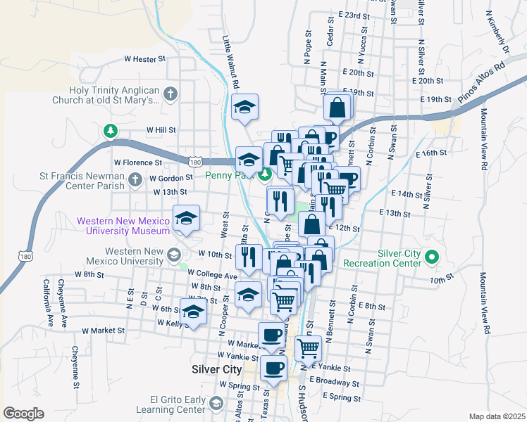 map of restaurants, bars, coffee shops, grocery stores, and more near 1203 North Grant Street in Silver City
