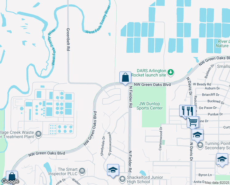 map of restaurants, bars, coffee shops, grocery stores, and more near 1805 Las Luna Lane in Arlington