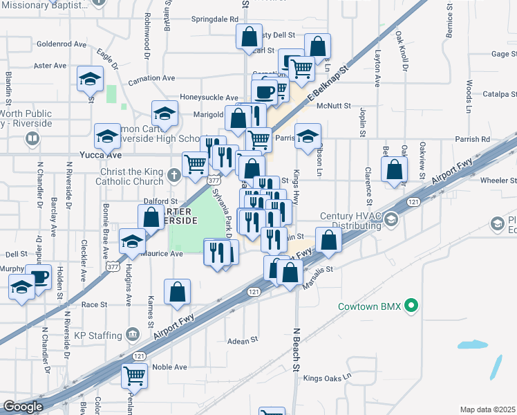 map of restaurants, bars, coffee shops, grocery stores, and more near 1001 North Beach Street in Fort Worth